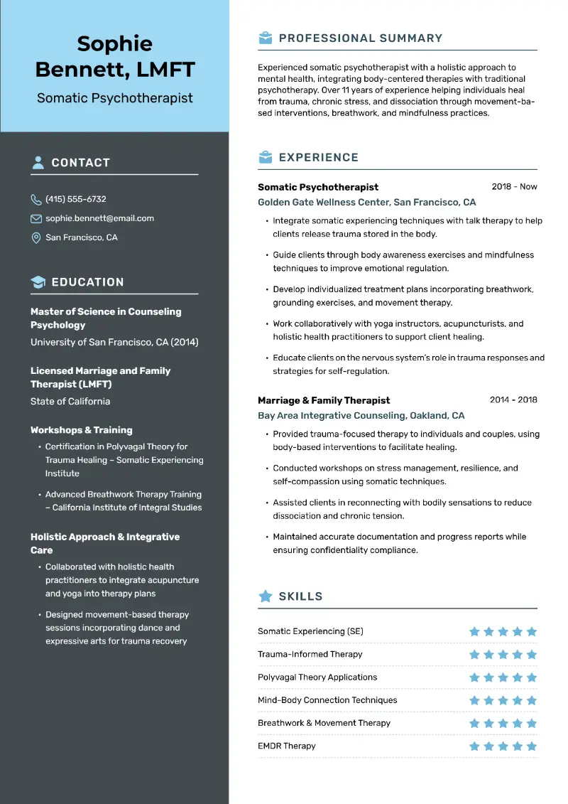 Somatic Psychotherapist Resume