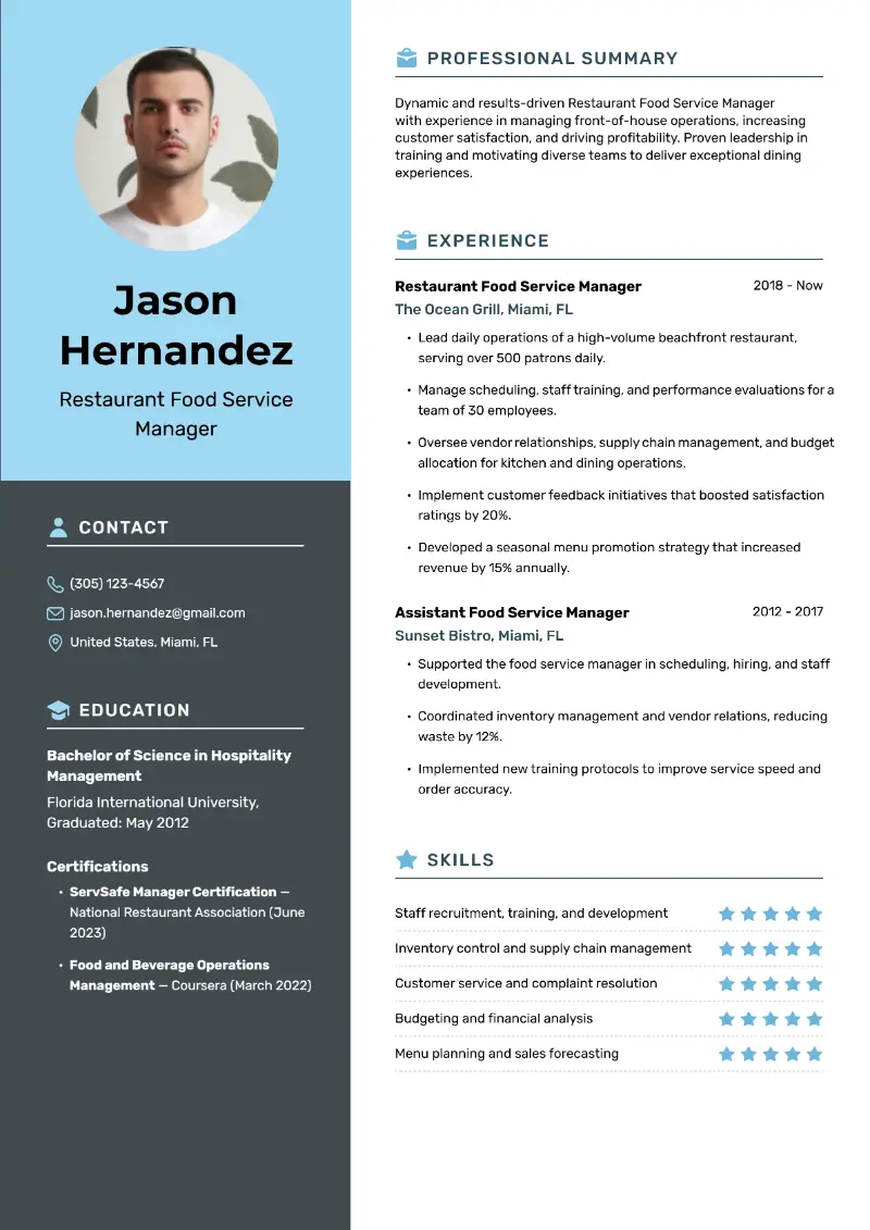Food Service Manager Resume Examples & Writing Tips 