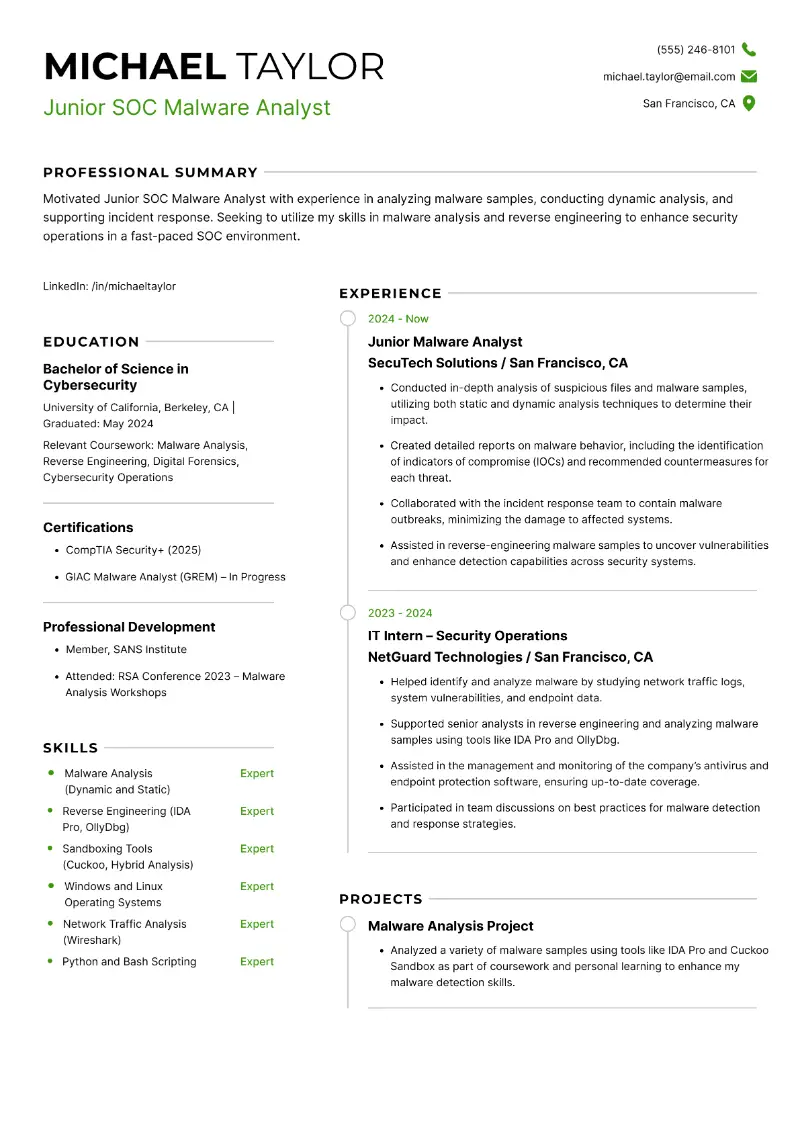 Junior SOC Malware Analyst Resume