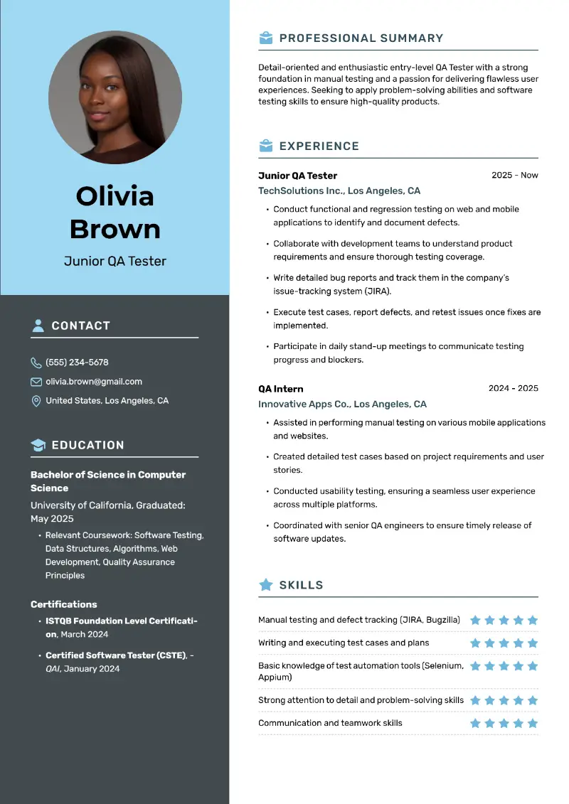 Junior QA Tester Resume Examples & Writing Tips for 2025
