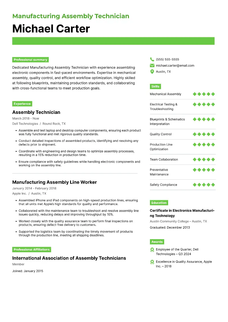 Manufacturing Assembly Technician Resume