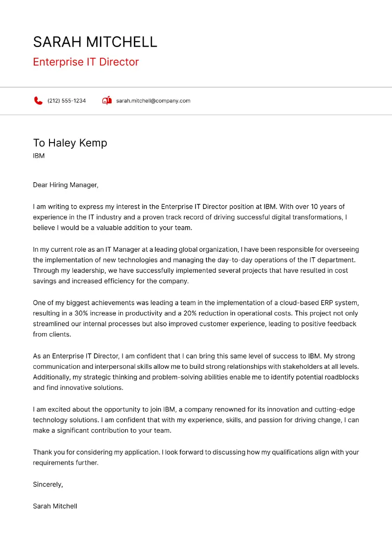 Enterprise IT Director Cover Letter