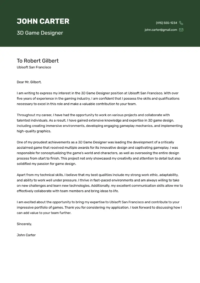 3D Game Designer Cover Letter 3D Game Designer Cover Letter