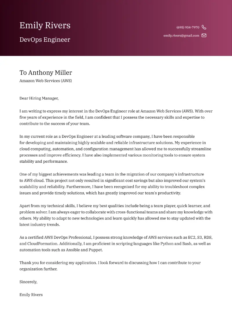 DevOps Engineer Cover Letter DevOps Engineer Cover Letter