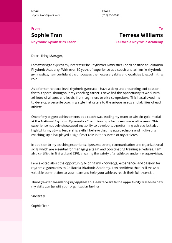 Rhythmic Gymnastics Coach Cover Letter Sample
