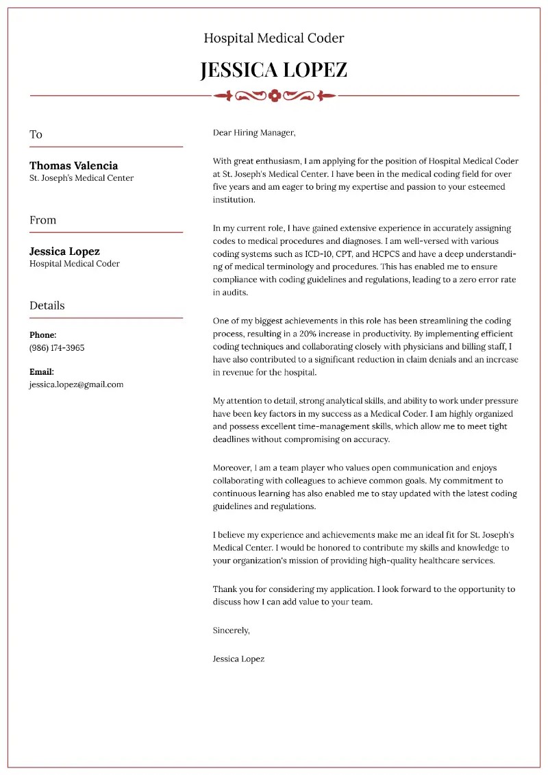 Hospital Medical Coder Cover Letter
