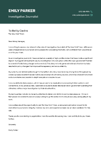 Investigative Journalist Cover Letter Sample