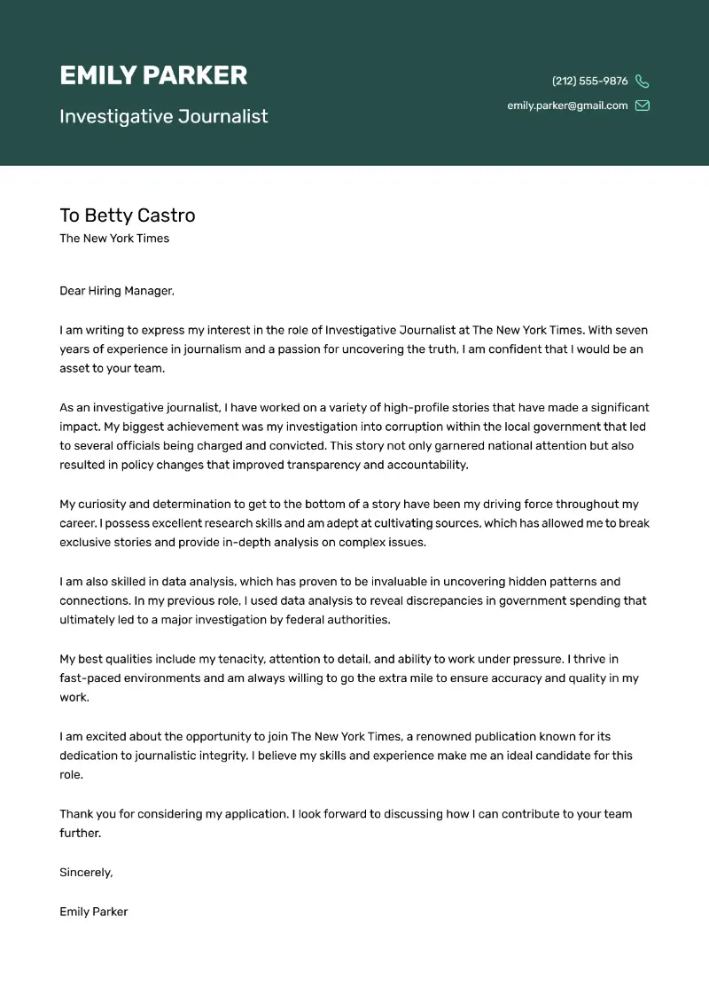 Investigative Journalist Cover Letter Investigative Journalist Cover Letter
