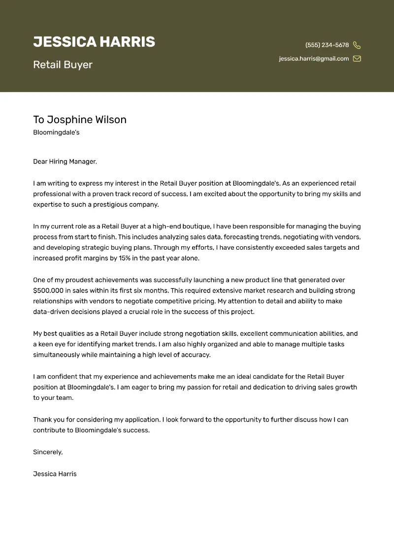 Retail Buyer Cover Letter Retail Buyer Cover Letter