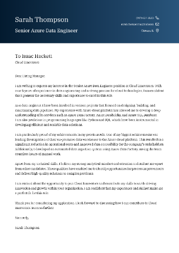 Senior Azure Data Engineer Cover Letter
