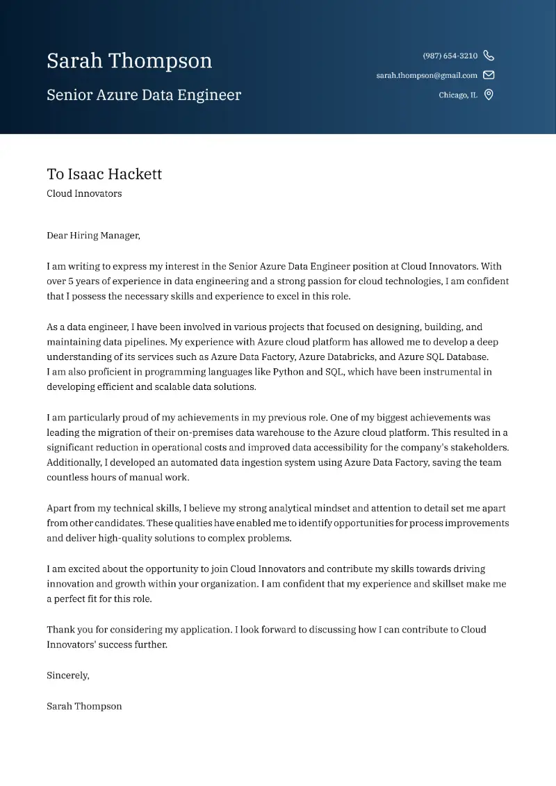 Senior Azure Data Engineer Cover Letter Senior Azure Data Engineer Cover Letter