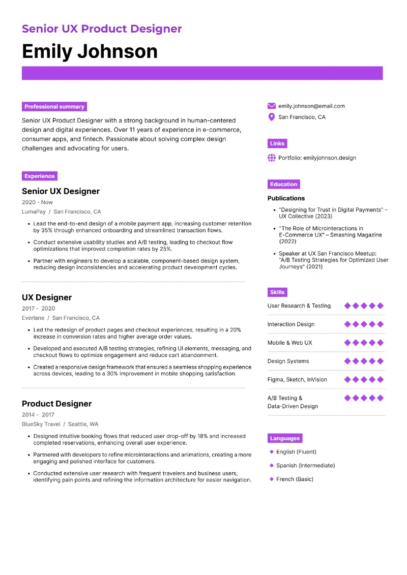Senior UX Product Designer Resume Senior UX Product Designer Resume