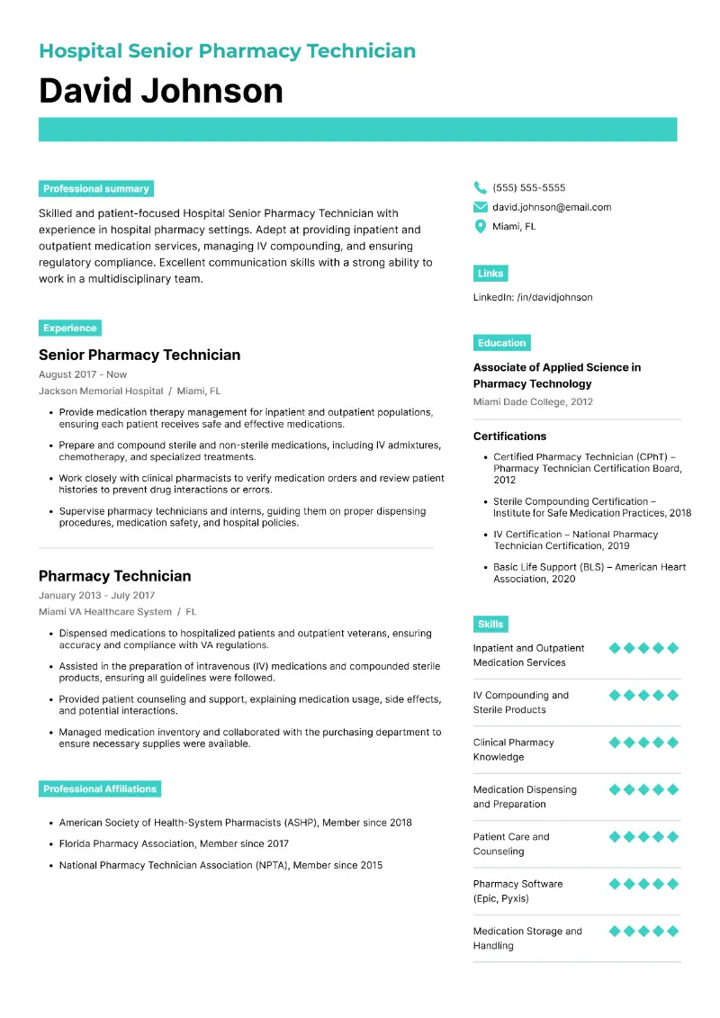 Hospital Senior Pharmacy Technician Resume