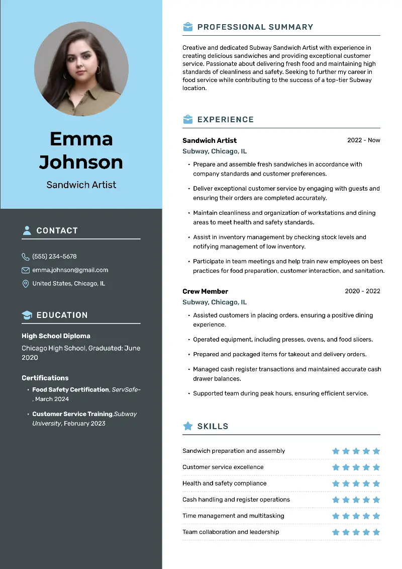 Subway Resume Examples, Templates and Guideline for 2025