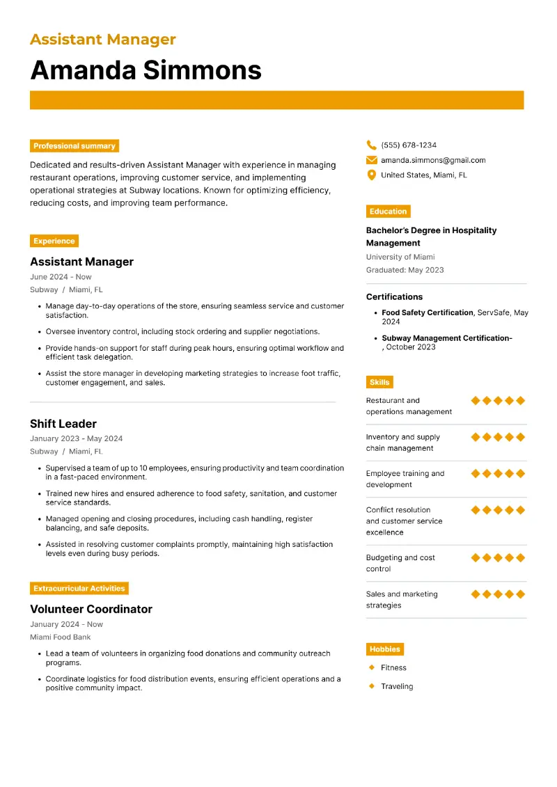 Assistant Manager Resume