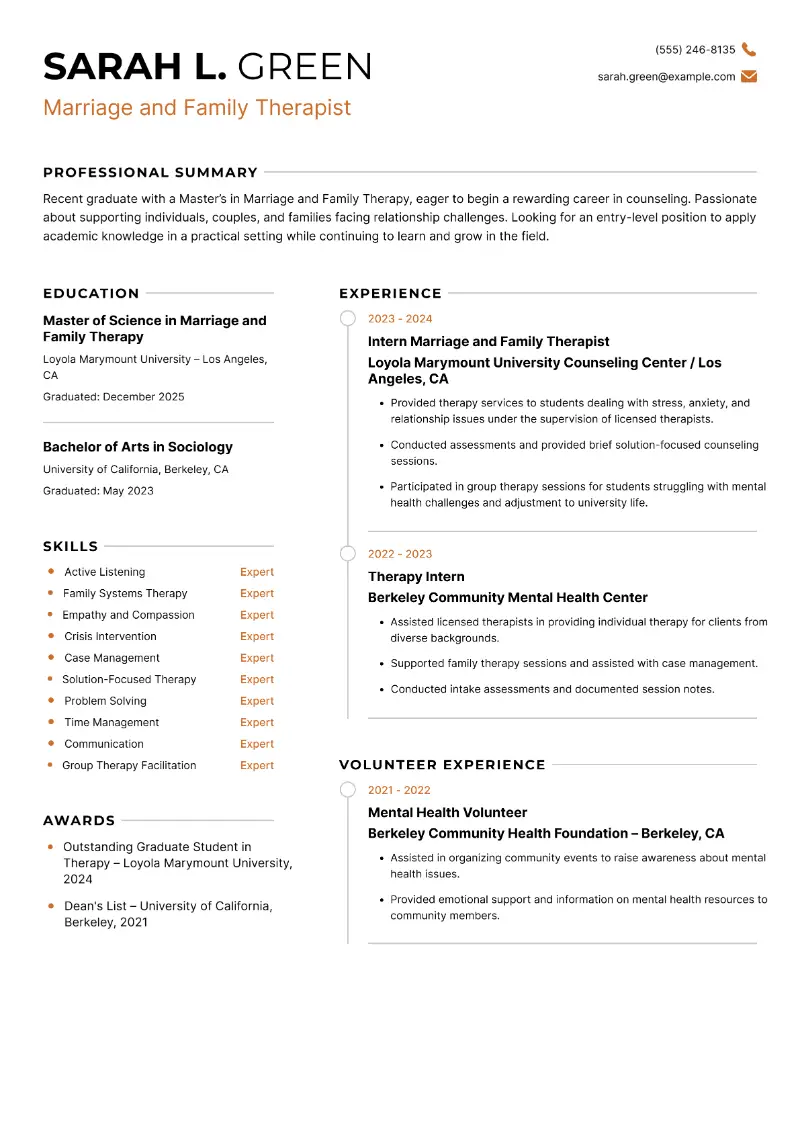 Marriage and Family Therapist Resume