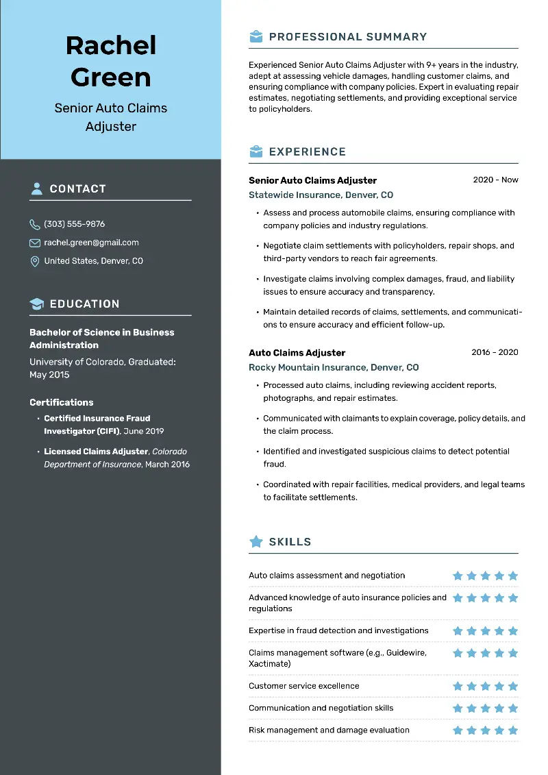 Senior Claims Adjuster Resume Examples and Templates