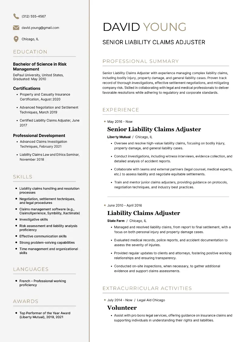 Senior Liability Claims Adjuster Resume