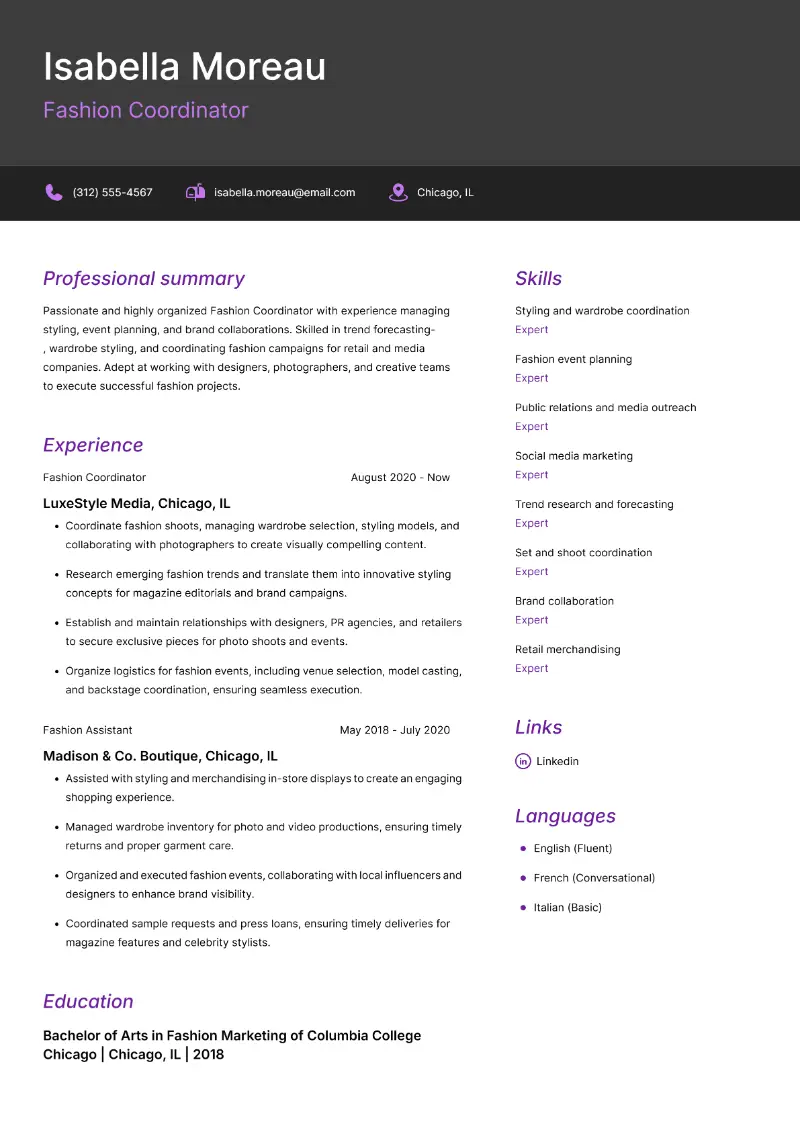 Fashion Coordinator Resume