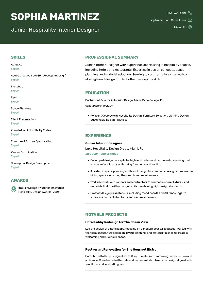 Junior Hospitality Interior Designer Resume
