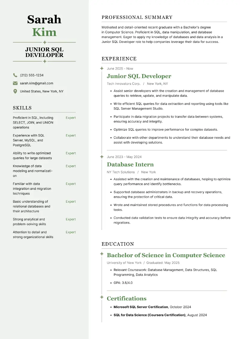 Junior SQL Developer Resume Examples for 2025