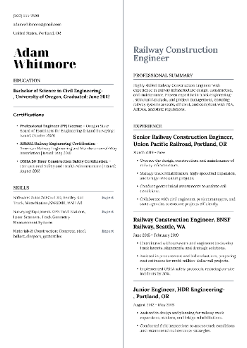 Railway Construction Engineer Resume Railway Construction Engineer Resume