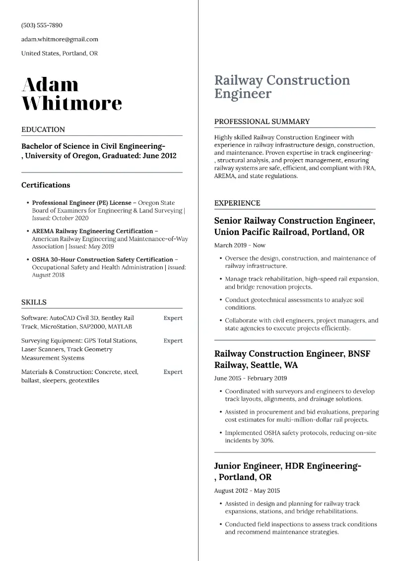 Railway Construction Engineer Resume