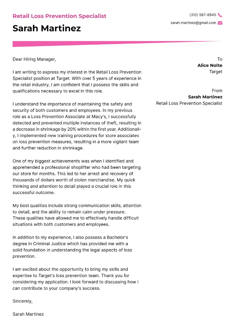 Retail Loss Prevention Specialist Cover Letter Retail Loss Prevention Specialist Cover Letter