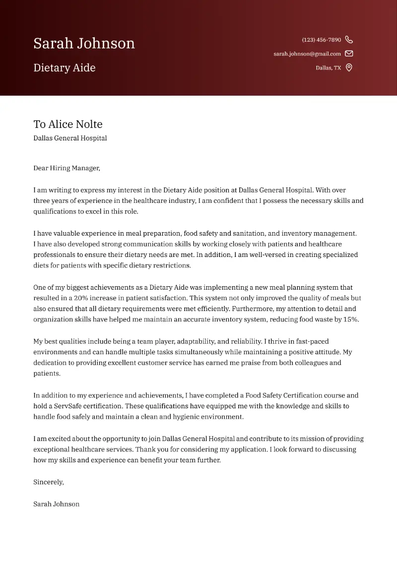 Dietary Aide Cover Letter