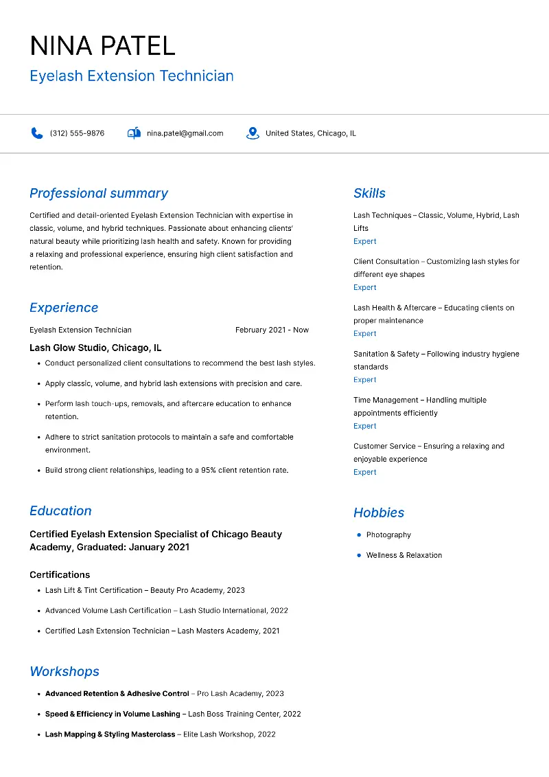Eyelash Extension Technician Resume