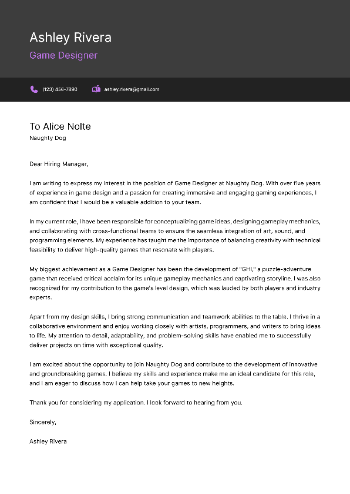 Game Designer Cover Letter
