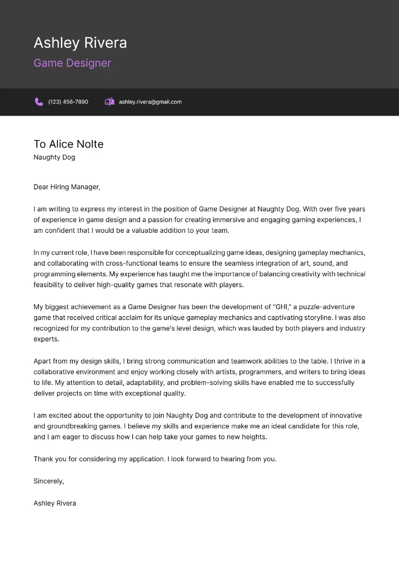 Game Designer Cover Letter