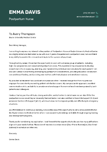 Postpartum Nurse Cover Letter