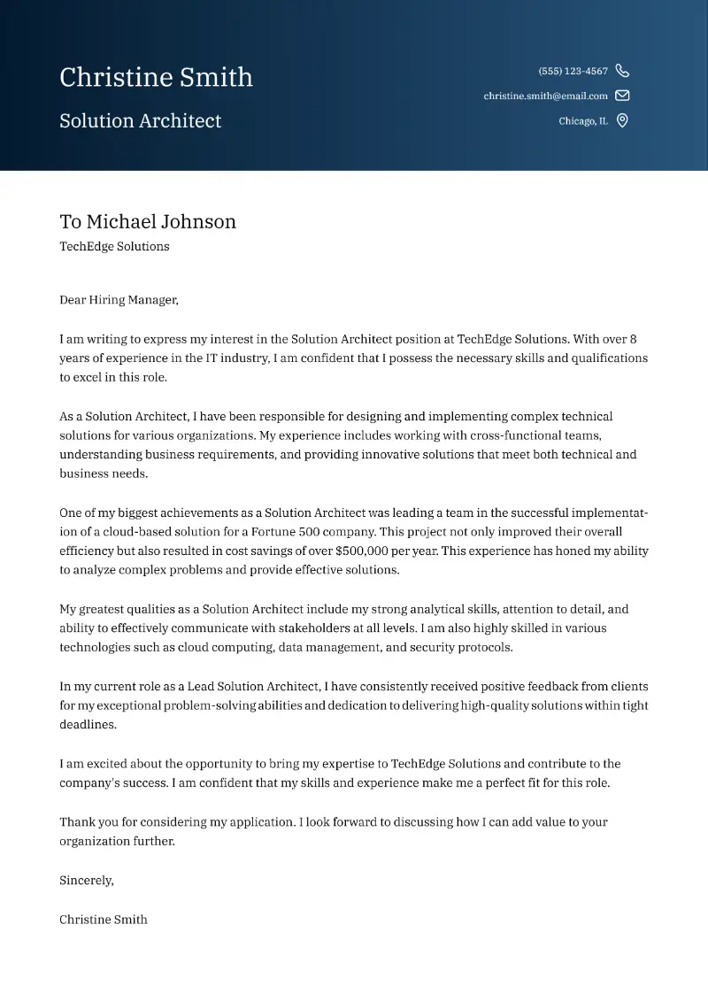 Solution Architect Cover Letter Solution Architect Cover Letter