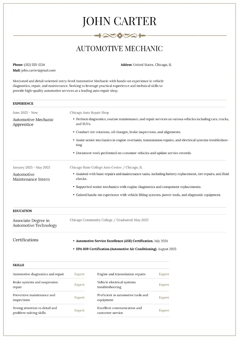 Entry-Level Mechanic Resume Examples & Templates for 2025