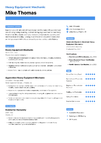 Heavy Equipment Mechanic Resume
