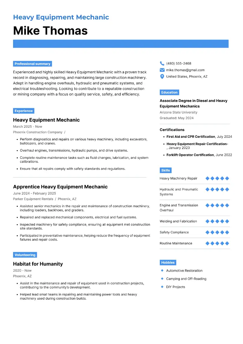 Heavy Equipment Mechanic Resume Heavy Equipment Mechanic Resume