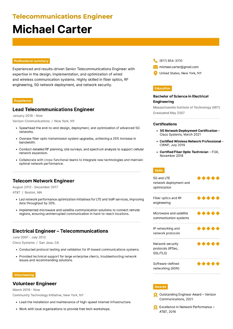 Telecommunications Engineer Resume