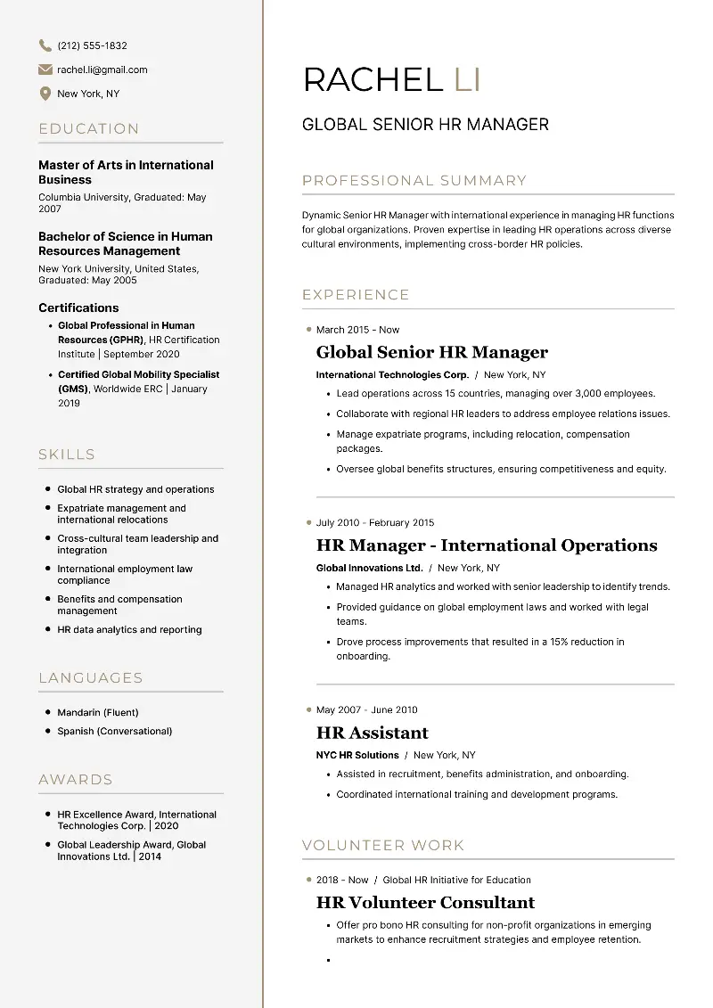Global Senior HR Manager  Resume Global Senior HR Manager  Resume