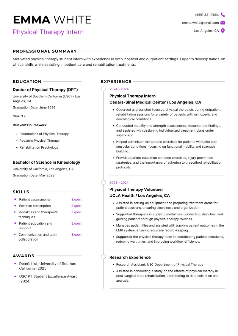 Physical Therapy Intern Resume Physical Therapy Intern Resume