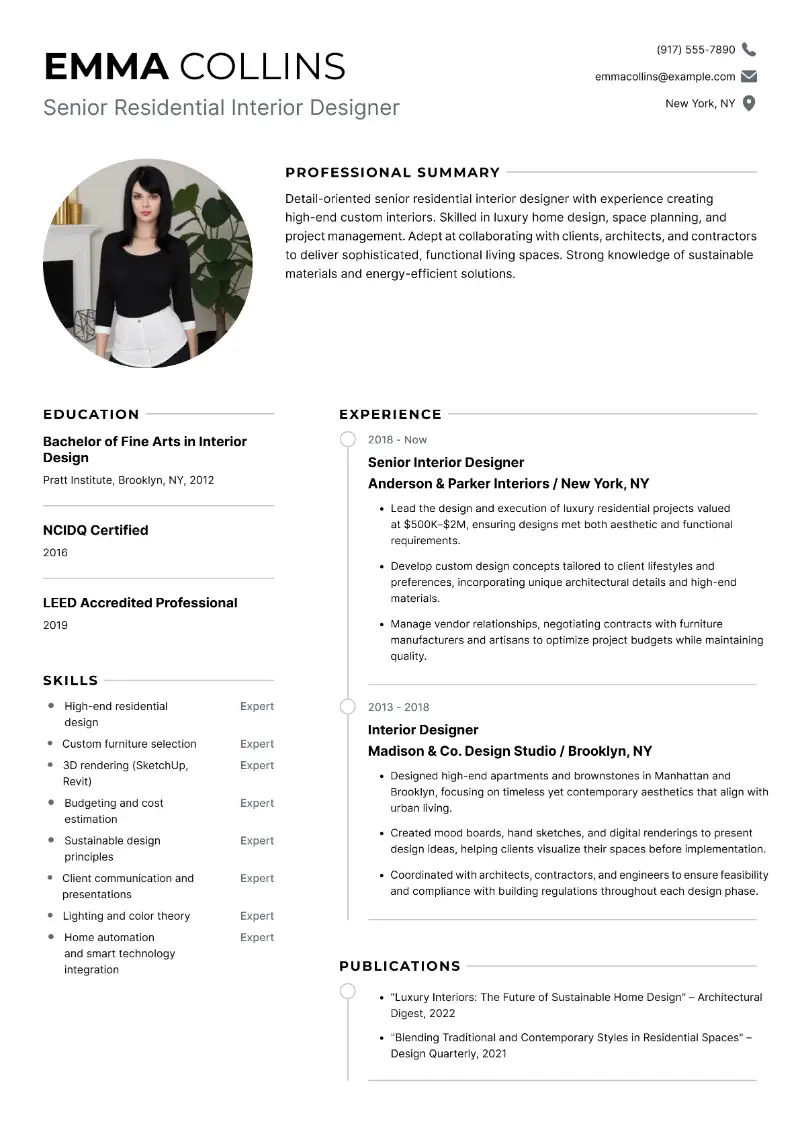 Senior Interior Designer Resume: Examples & Tips for 2025