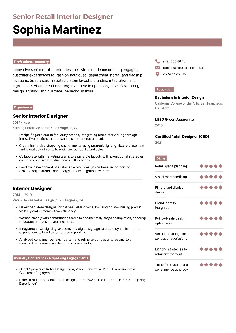 Senior Retail Interior Designer Resume