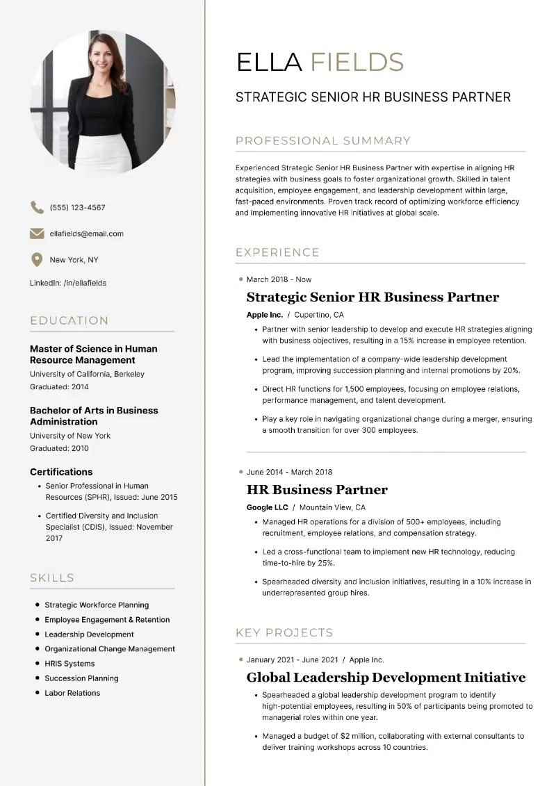 Senior HR Business Partner Resume Examples, Skills, and Tips