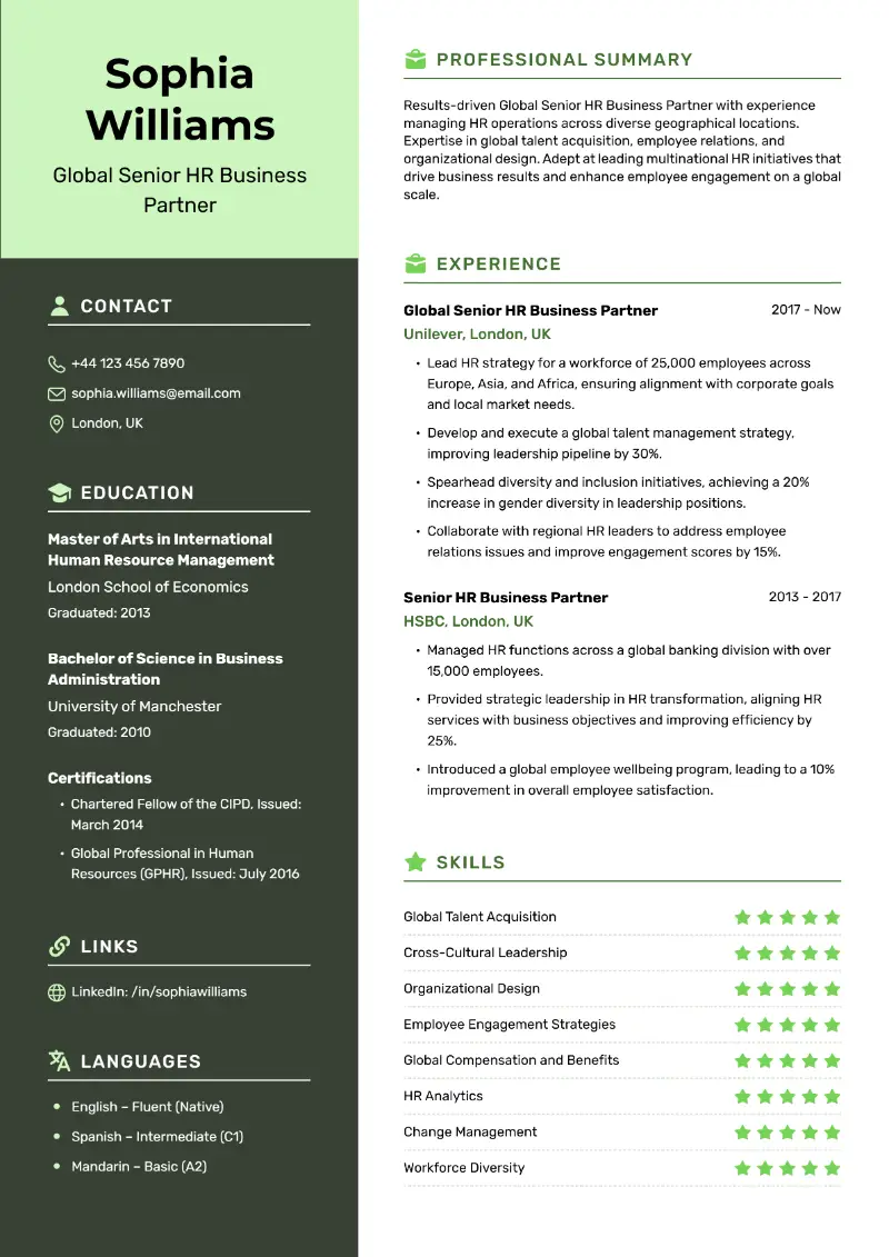 Global Senior HR Business Partner Resume Global Senior HR Business Partner Resume