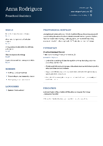 Preschool Assistant Resume