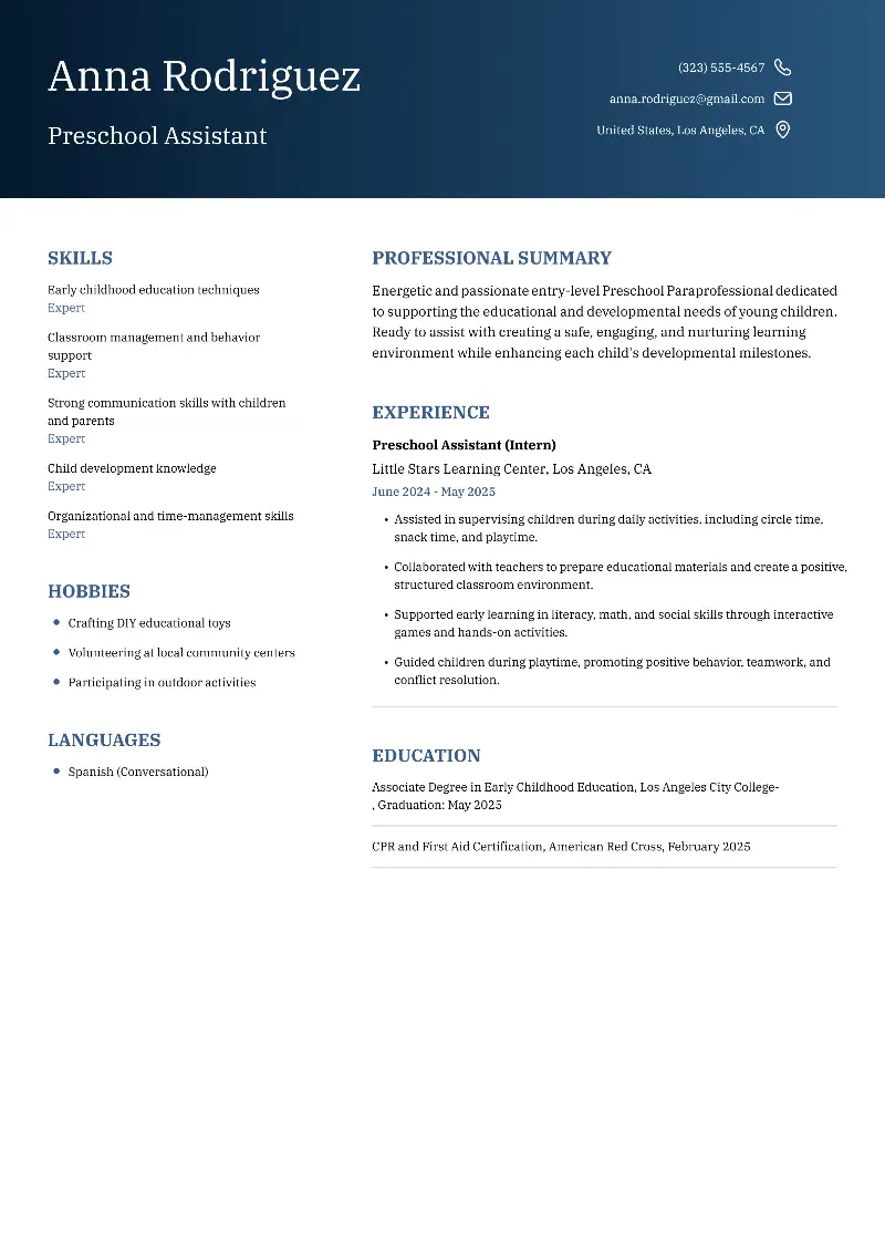 Preschool Assistant Resume