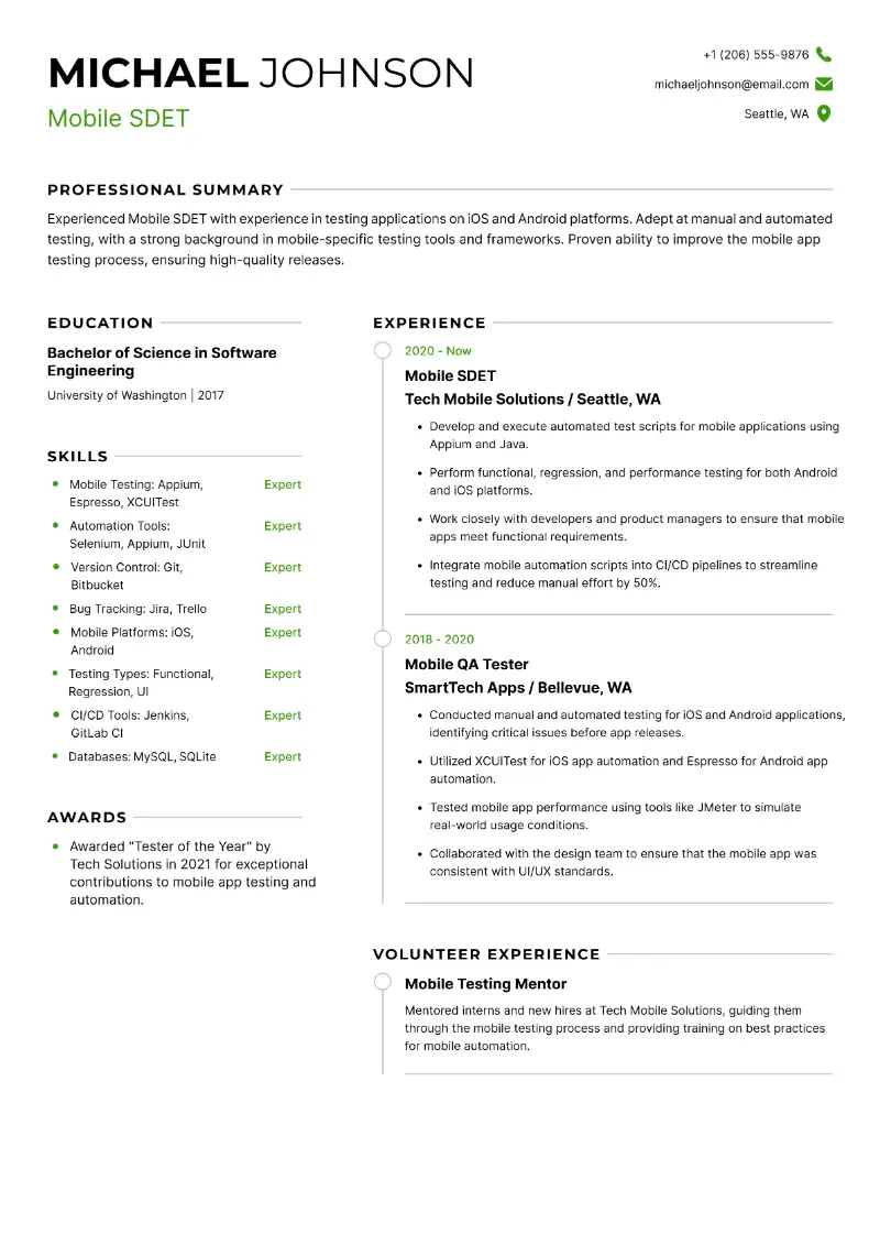 Mobile SDET Resume Mobile SDET Resume