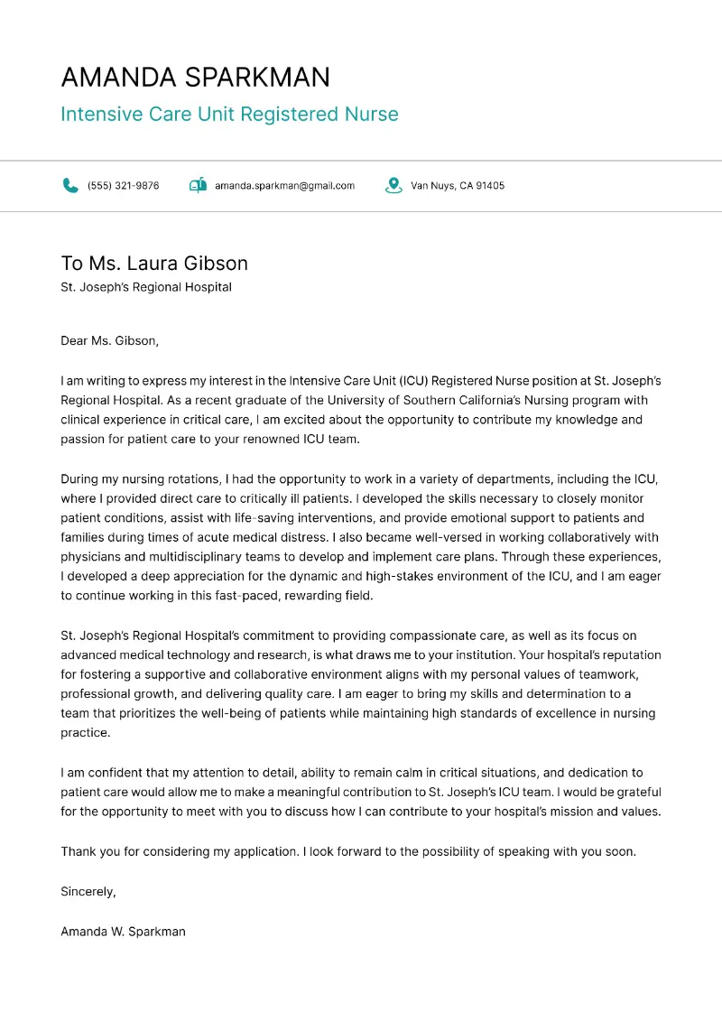 Intensive Care Unit Registered Nurse Cover Letter
