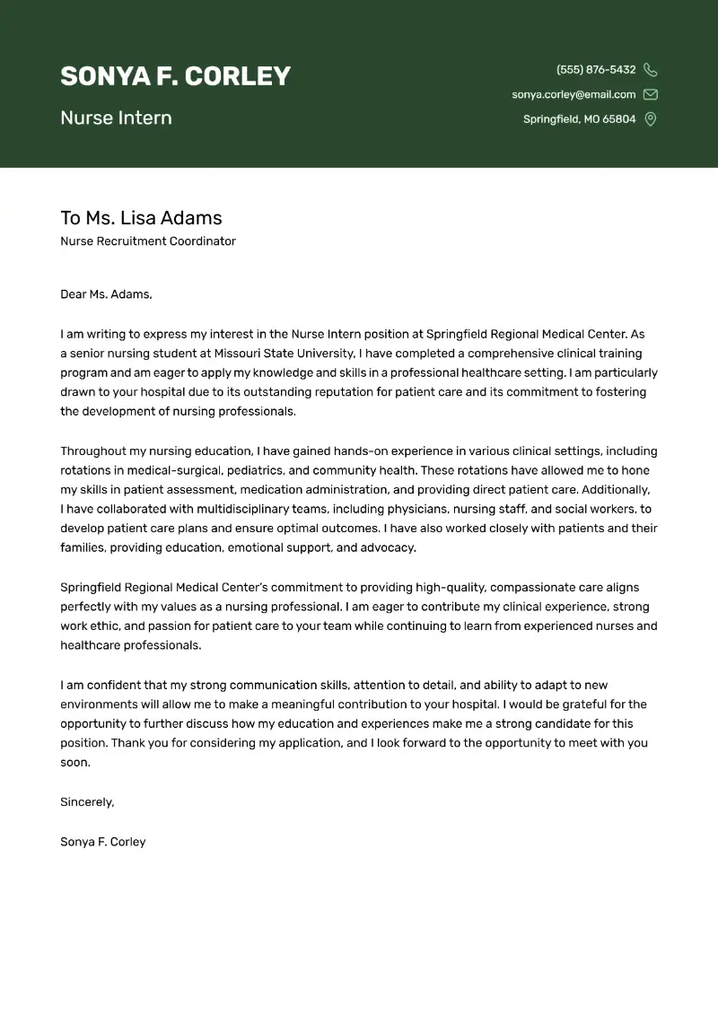 Nurse Intern Cover Letter