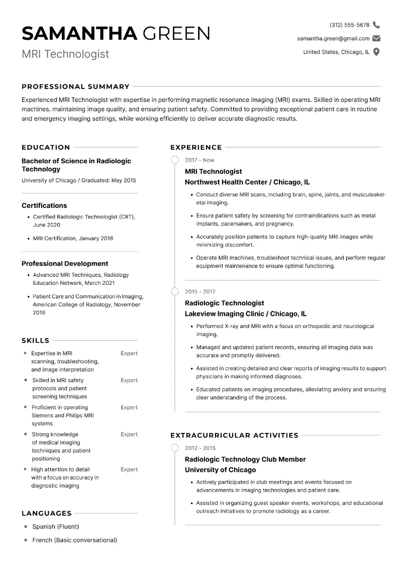 MRI Technologist Resume MRI Technologist Resume